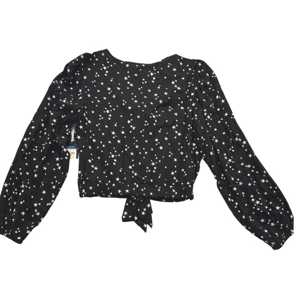 Y2K Womens Star Print Tie Front Crop Top Blouse Black Large NWT Celestial 90s